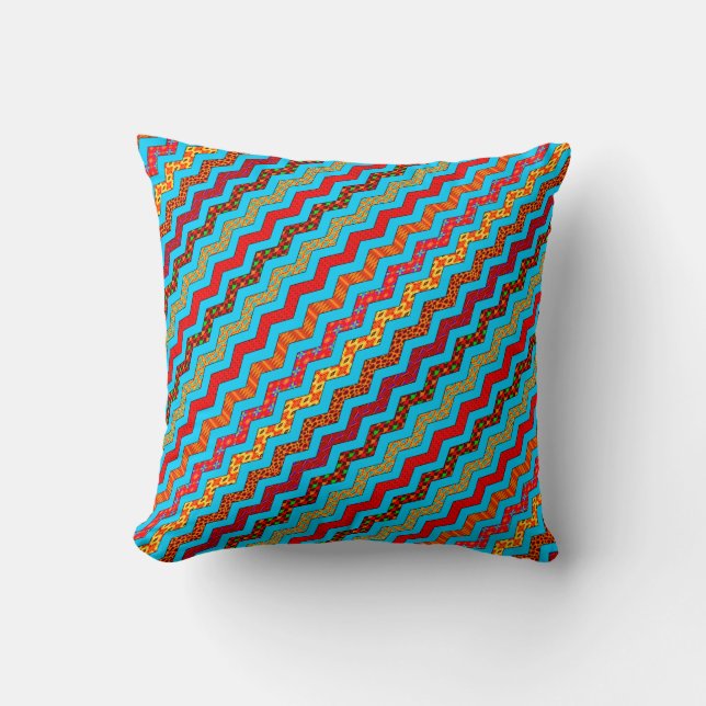 Turquoise Stripes Zig Zag Geometric Designs Colour Cushion (Front)