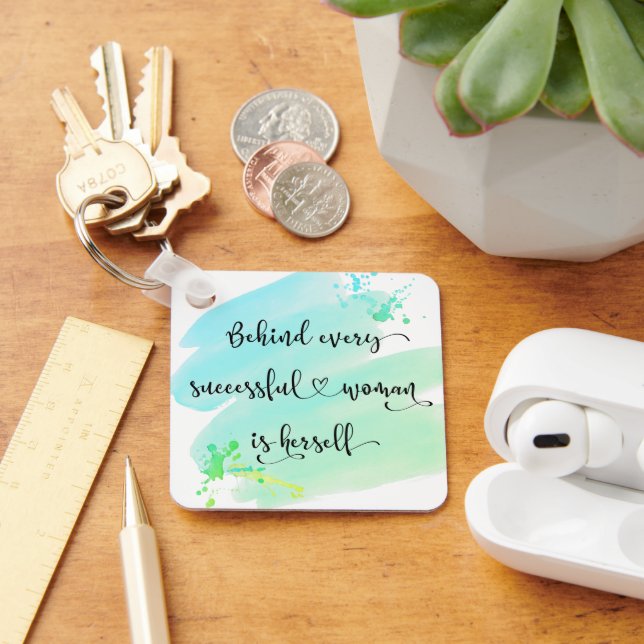 Turquoise Successful Woman Quote Watercolor Script Key Ring (Desk)