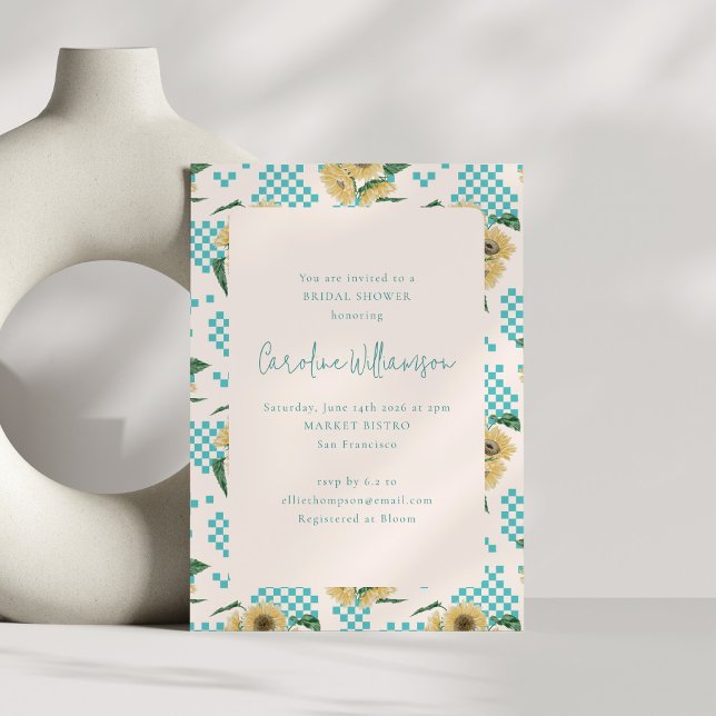 Turquoise Sunflower Chequerboard Bridal Shower  Invitation (Creator Uploaded)