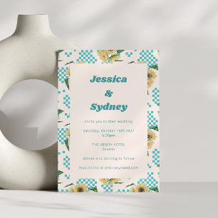 Turquoise Sunflower Chequerboard Retro Wedding Invitation