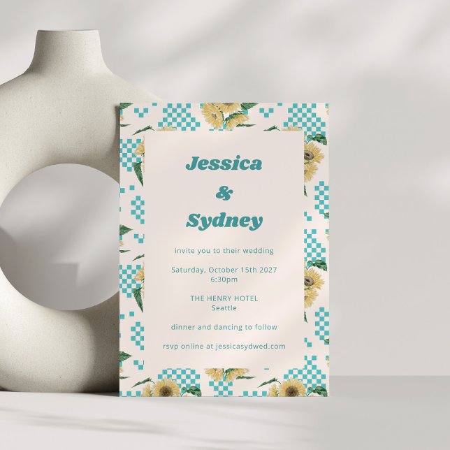 Turquoise Sunflower Chequerboard Retro Wedding Invitation (Creator Uploaded)
