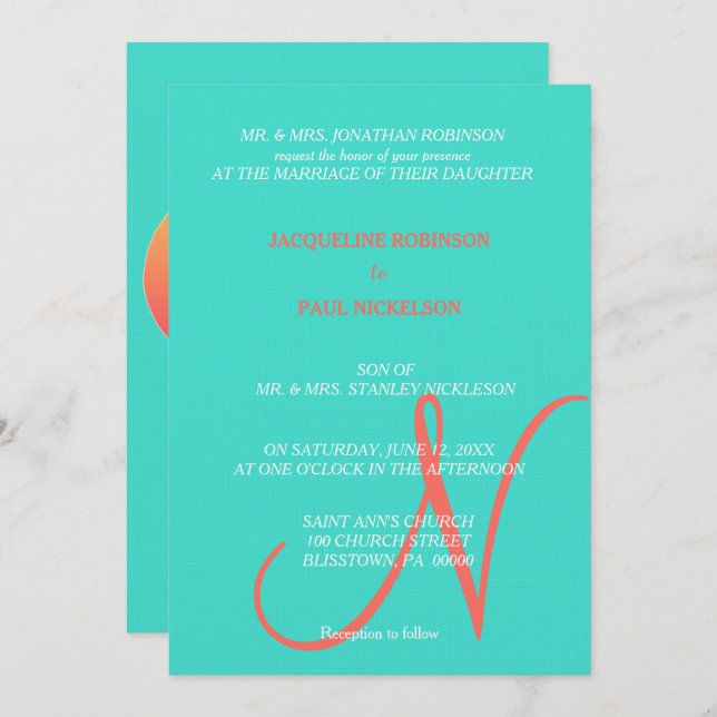 Turquoise Sunset Heart Monogram Invitation (Front/Back)