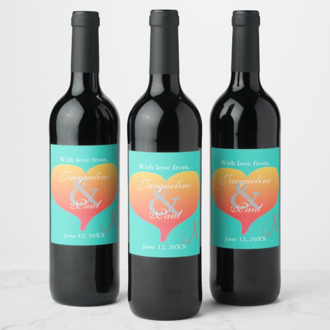 Turquoise Sunset Hearts Monogram Wine Label (Bottles)