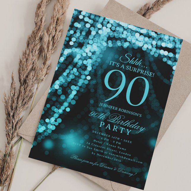 Turquoise | Surprise 90th Birthday Party  Invitation (Turquoise | Surprise 90th Birthday Party Invitation)