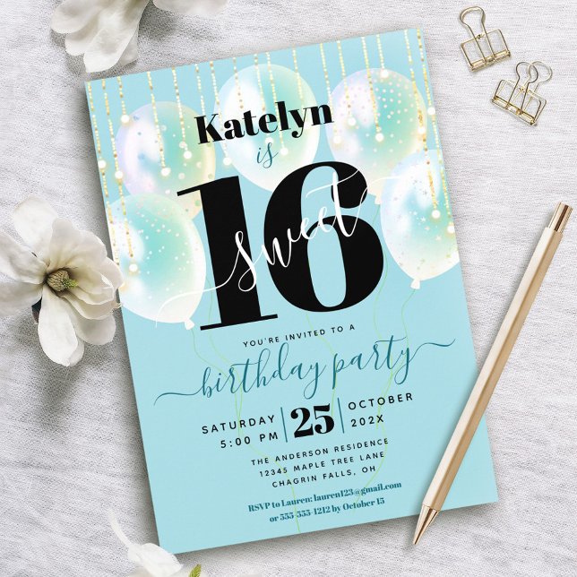 Turquoise Sweet 16 Birthday Balloons Script Girly Invitation (Creator Uploaded)