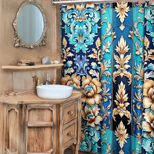 Turquoise Tan Floral Damask Tile Western Style Shower Curtain