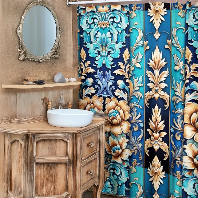 Turquoise Tan Floral Damask Tile Western Style Shower Curtain (turquoise and teal blue western floral damask pattern shower curtain southwestern bathroom deco idea)