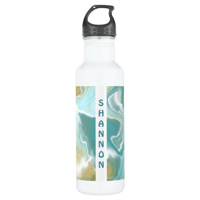 Turquoise, Tan Fluid Art Marble Personalised 710 Ml Water Bottle (Front)