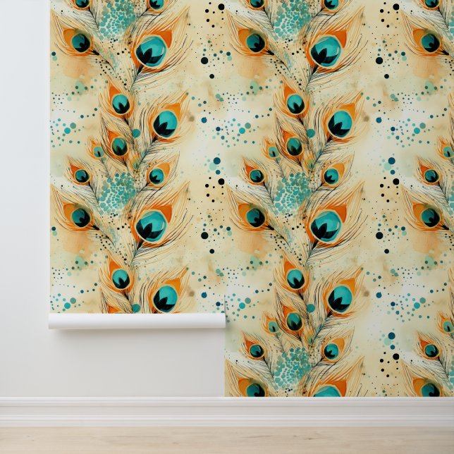 Turquoise Tangerine Aqua Orange Peacock Feathers Wallpaper (Application)
