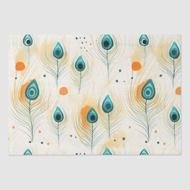 Turquoise Tangerine Chic Peacock Feathers Tissue Paper (Front)
