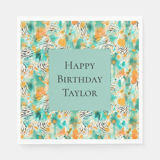 Turquoise Tangerine Zebra Abstract Napkin (Front)