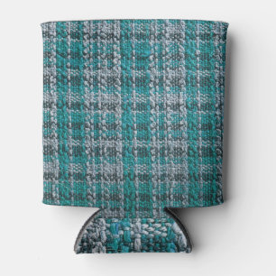 Turquoise tartan fabric, textured background. can cooler