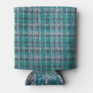 Turquoise tartan fabric, textured background. can cooler