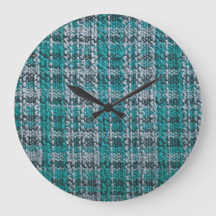 Turquoise tartan fabric, textured background. large clock