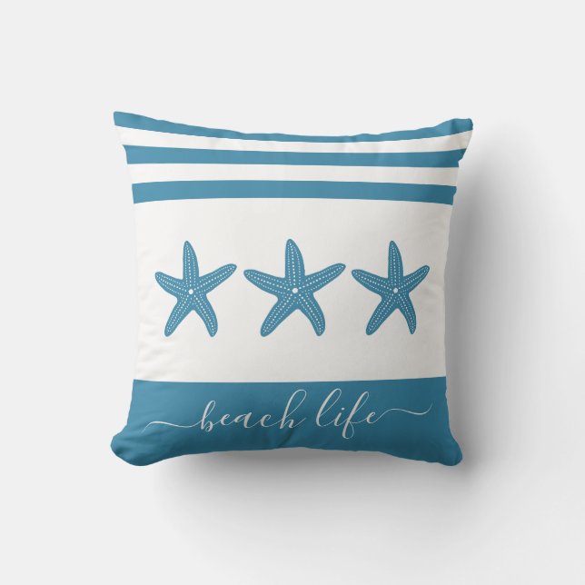 Turquoise teal 3 starfish beach life modern script cushion (Front)