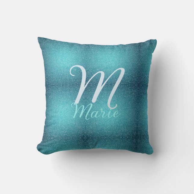 Turquoise teal agate aqua monogram add letter text cushion (Front)