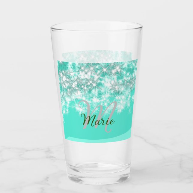 Turquoise teal agate aqua monogram add letter text glass (Front)