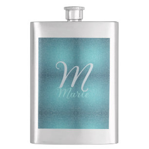 Turquoise teal agate aqua monogram add letter text hip flask