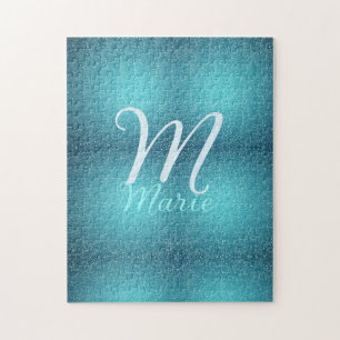 Turquoise teal agate aqua monogram add letter text jigsaw puzzle