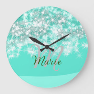 Turquoise teal agate aqua monogram add letter text large clock