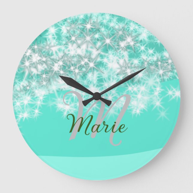 Turquoise teal agate aqua monogram add letter text large clock (Front)