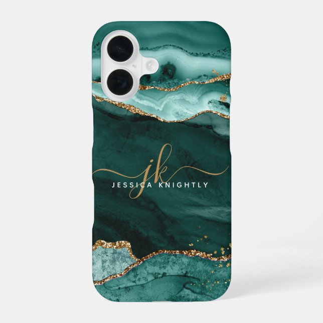  Turquoise Teal Agate Gold Glitter Script Monogram iPhone 16 Case (Back)
