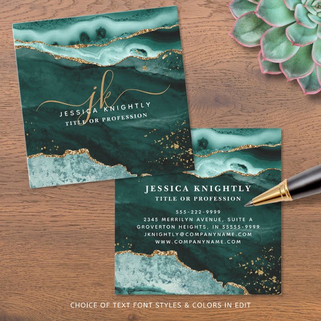  Turquoise Teal Agate Gold Glitter Script Monogram Square Business Card (Creator Uploaded)