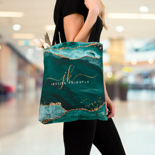 Turquoise Teal Agate Gold Glitter Script Monogram Tote Bag