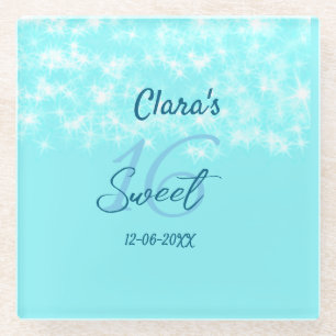Turquoise teal agate sweet 16 birthday add name da glass coaster