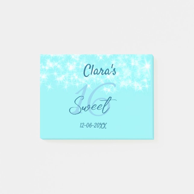 Turquoise teal agate sweet 16 birthday add name da post-it notes (Front)