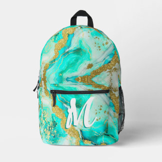 Turquoise Teal Alcohol Ink Faux Gold Custom Printed Backpack
