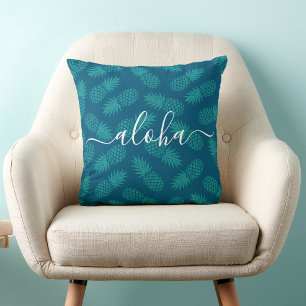 Turquoise Teal Aloha Script Pineapple Pattern Bold Cushion