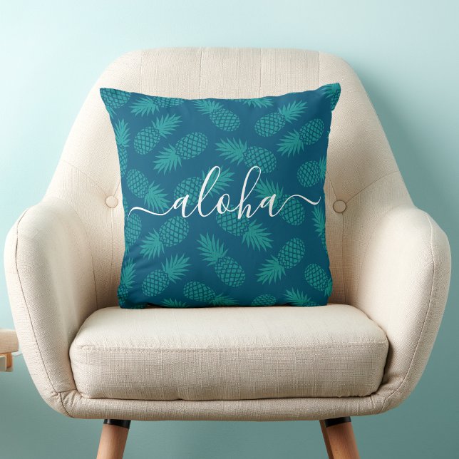 Turquoise Teal Aloha Script Pineapple Pattern Bold Cushion (Creator Uploaded)