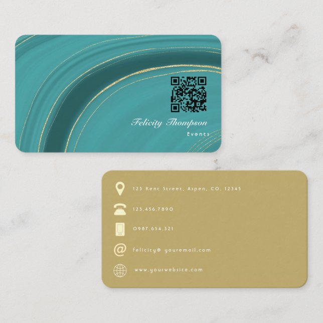 Turquoise - Teal and Gold Agate QR Code Business Card (Front/Back)