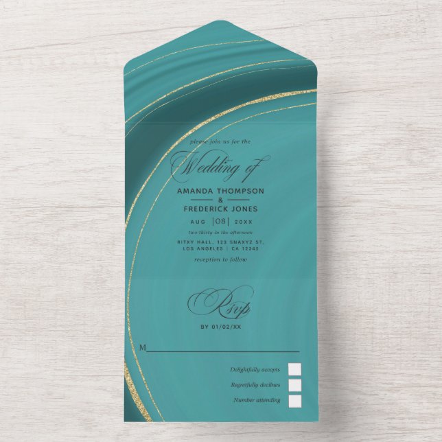 Turquoise - Teal and Gold Agate Wedding All In One All In One Invitation (Inside)