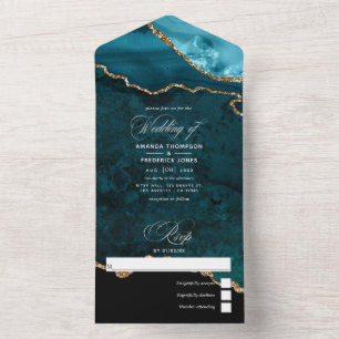Turquoise - Teal and Gold Agate Wedding All In One All In One Invitation