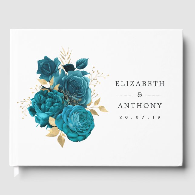 Turquoise - Teal and Gold Floral Wedding Guest Book (Front)