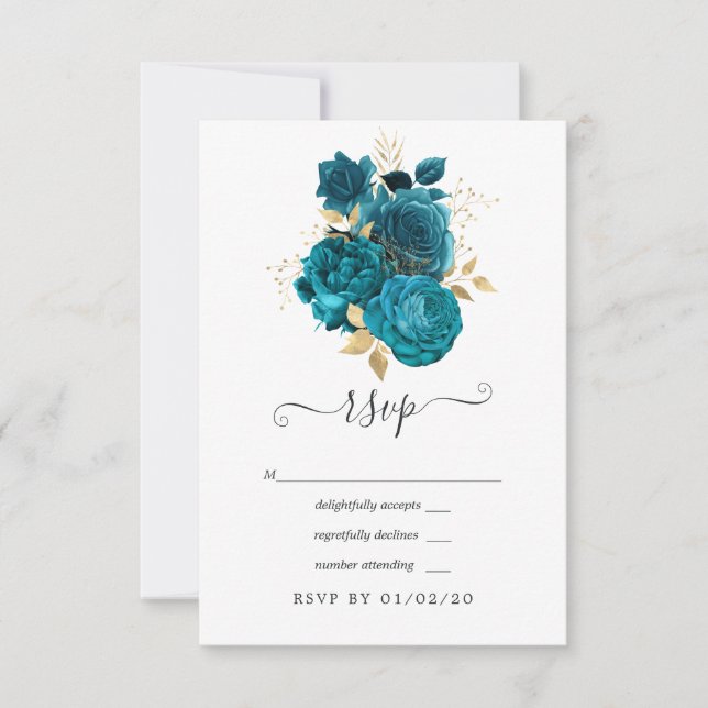 Turquoise - Teal and Gold Floral Wedding RSVP Card (Front)