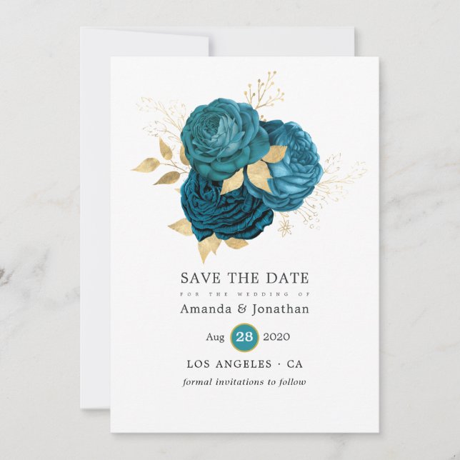 Turquoise - Teal and Gold Floral Wedding Save The Date (Front)