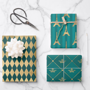 Turquoise - Teal and Gold Paris Themed Wrapping Paper Sheet