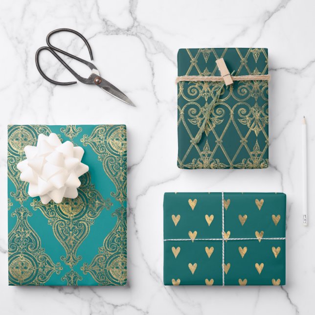 Turquoise - Teal and Gold Paris Wrapping Paper Sheet (Front)