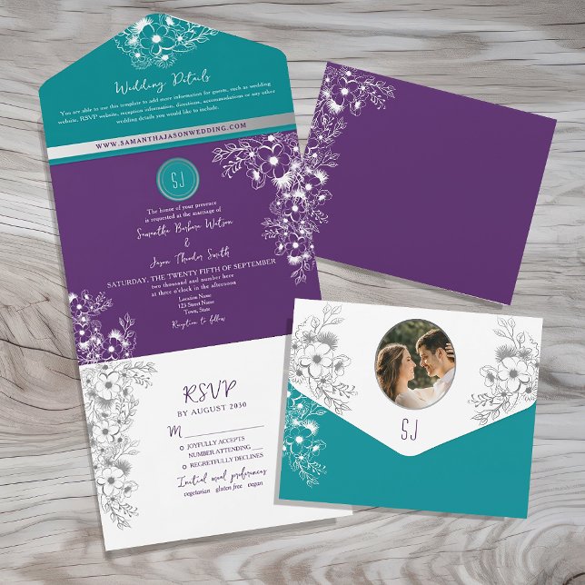 Turquoise Teal and Purple Wedding All In One Invitation (Creator Uploaded)