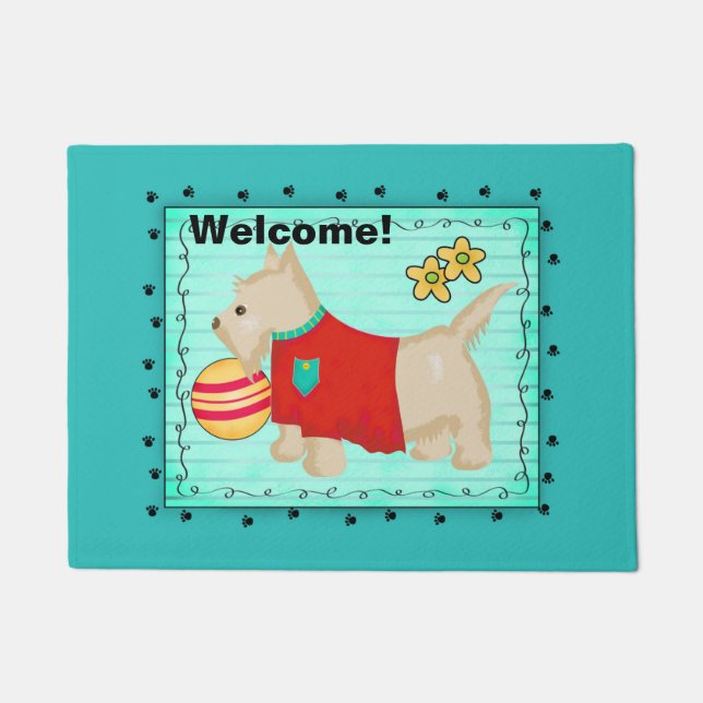 Turquoise Teal Beige Champagne Scottie Dog Welcome Doormat (Front)