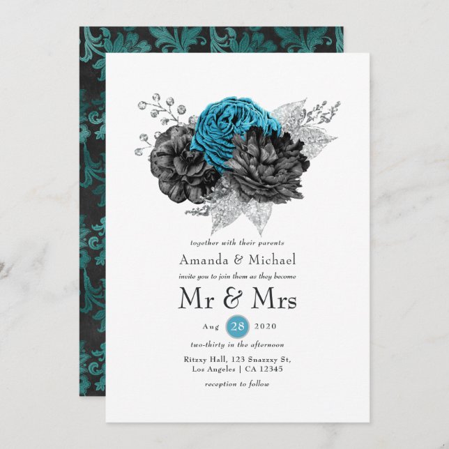 Turquoise - Teal Black and Silver Floral Wedding Invitation (Front/Back)