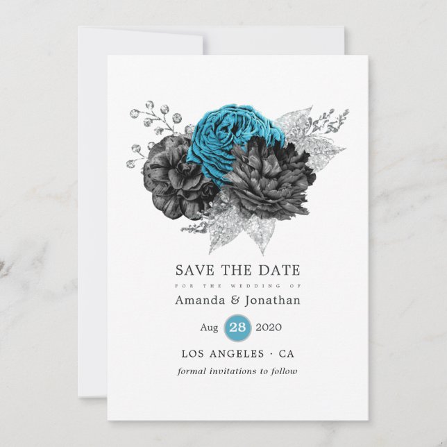 Turquoise - Teal Black and Silver Floral Wedding Save The Date (Front)