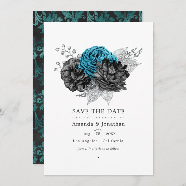Turquoise - Teal Black and Silver Floral Wedding Save The Date (Front/Back)