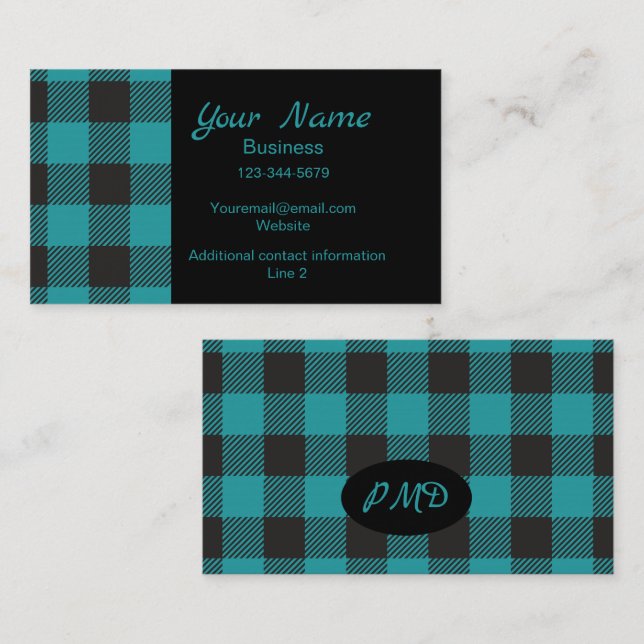 Turquoise Teal Black Buffalo Plaid Check Monogram Business Card (Front/Back)
