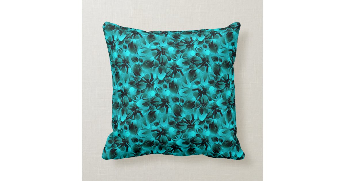 Turquoise Teal & Black Modern Floral Pattern Cushion ...