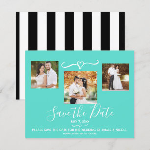 Turquoise Teal & Black Stripes Photo Save the Date