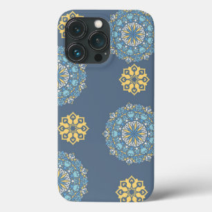 Turquoise Teal Blue an yellow Mandala Art Pattern iPhone 13 Pro Case